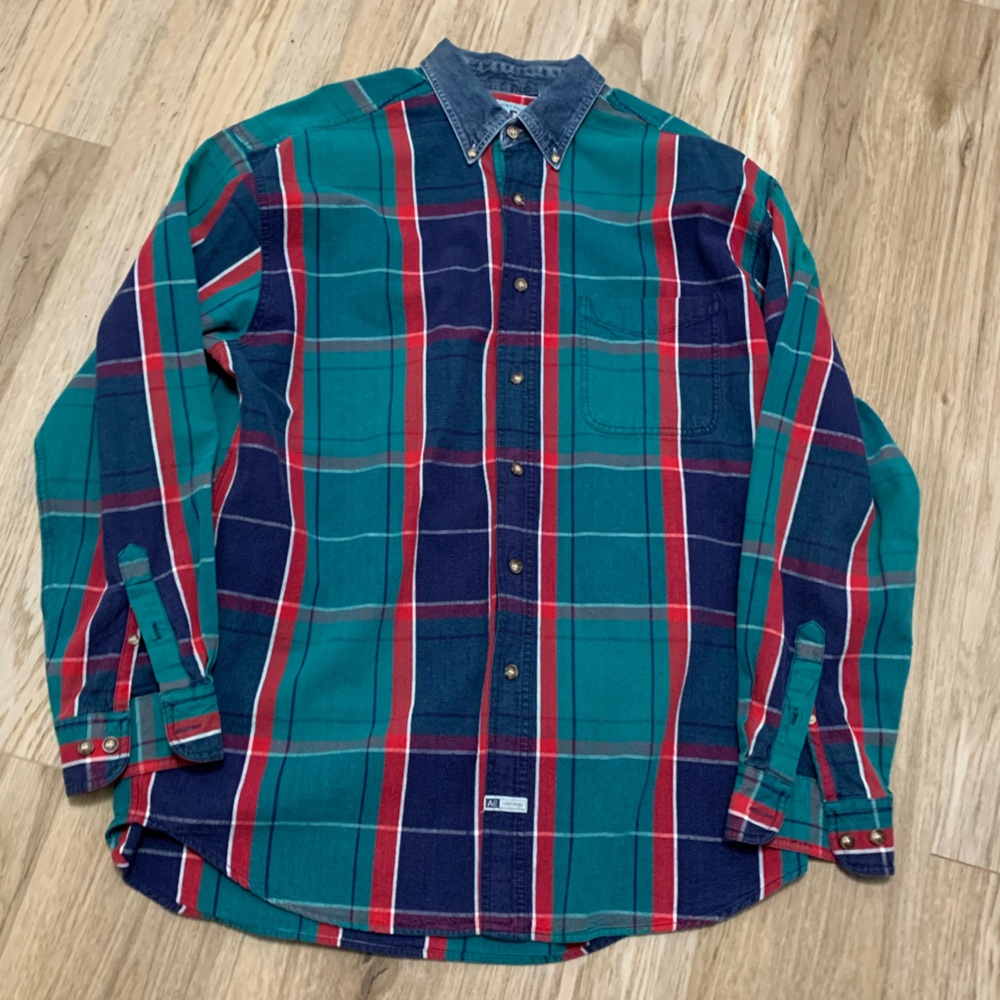 90s Vintage American Eagle Plaid Button Down Shirt Denim Collar MENS LARGE